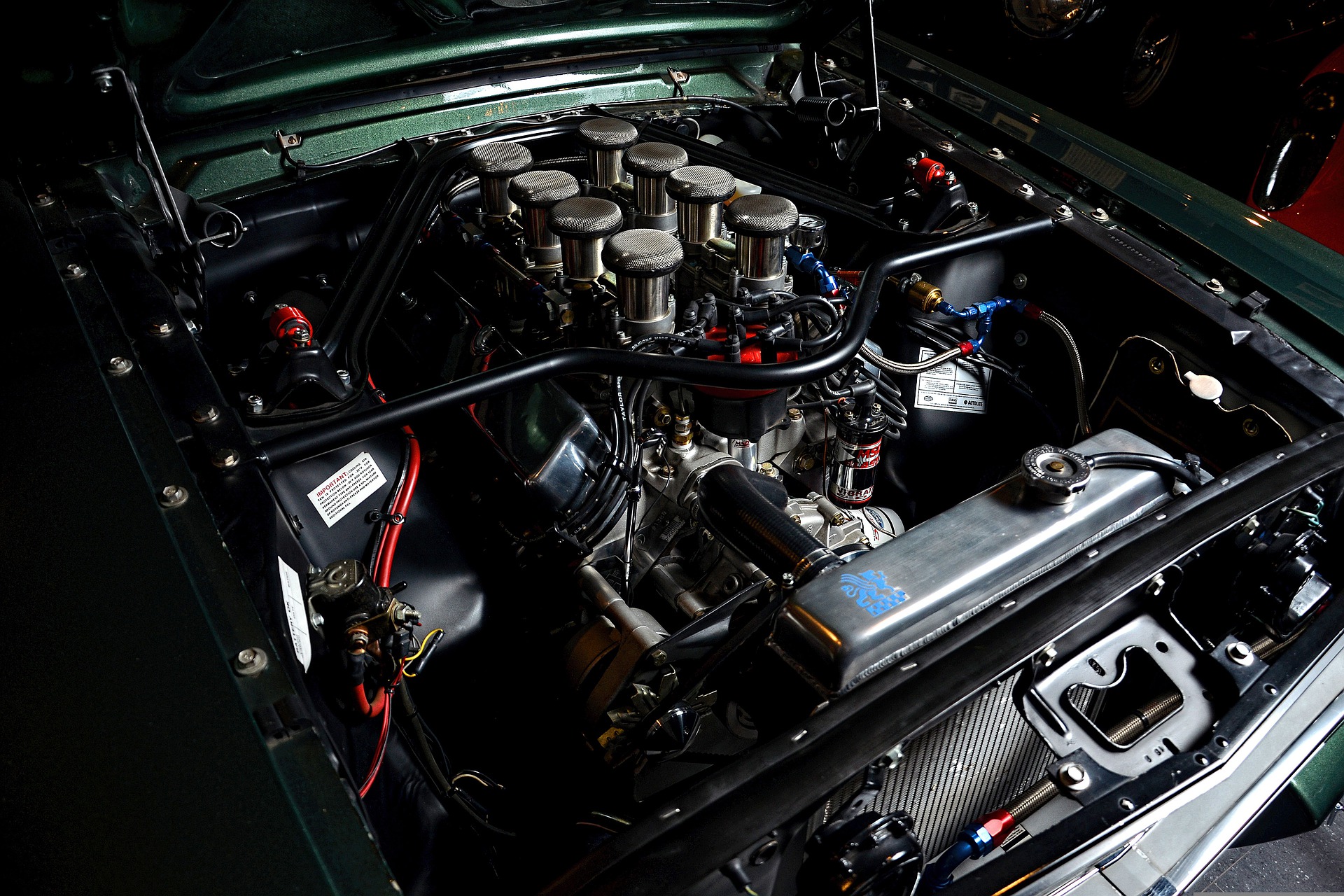 The engine of a Ford Mustang